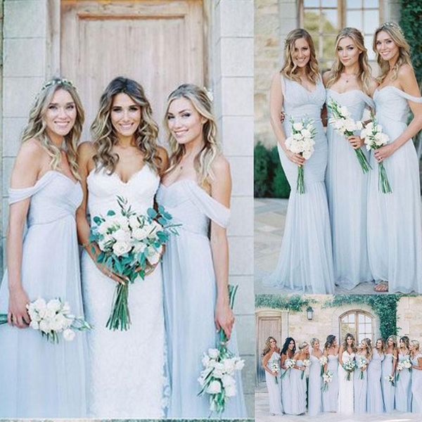 Amsale 2023 Splendido drappeggiato azzurro cielo con spalle scoperte Boho Abiti lunghi da damigella d'onore Bohemian Wedding Party Guest Abito da damigella d'onore economico