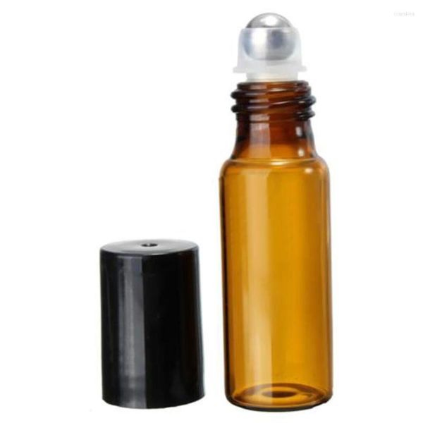 Bottiglie di stoccaggio 10Pcs 5ml / 10ml Rotolo di vetro sottile ambrato su fiale di olio essenziale di prova del campione con rullo in metallo / sfera di vetro