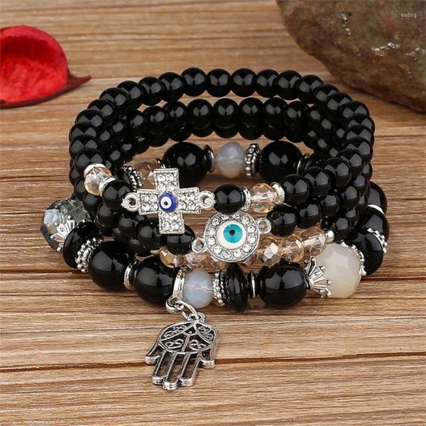 Charm Bracelets Bohemian Multicolor Crystal Beads Evil Blue Eyes Bracelet Set For Women Handmade Hand Cross Acrílico Étnico Jóias Presente