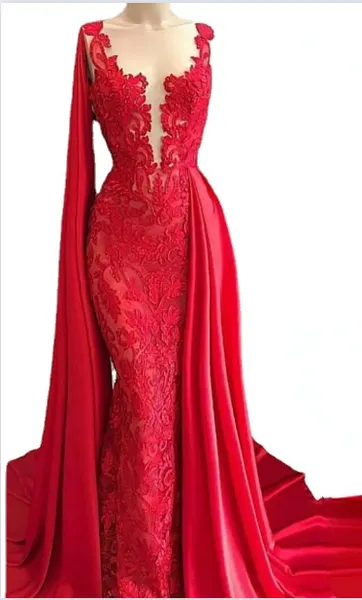 Novos vestidos de formatura de sereia com decote transparente e renda vermelha com capa sem mangas aplicados vestidos formais vestidos de noite até o chão baratos