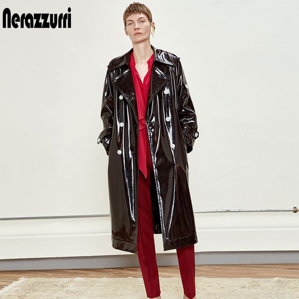 Jaquetas Femininas Nerazzurri Gabardina longa impermeável de couro envernizado preto para mulheres com abotoamento duplo iridescente oversized 7xl 230615