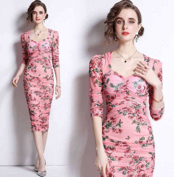 2023 Sexy Slim Floral Party Vestido Skinny Feminino Estilista de Luxo Manga Comprida Decote Quadrado Feriado Sweet Girl Vestidos de Baile Primavera Outono Office Lady Saco Estampado Hip Frock