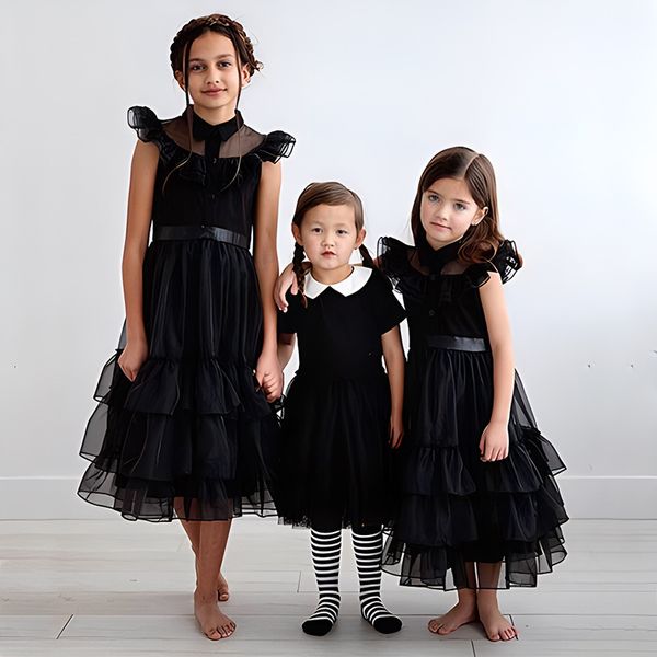 Kız Elbiseleri Çarşamba Addams Aile Kostümü Fantasia Wandinha Kids Cadılar Bayramı Cosplay Elbiseleri Gotik Rüzgar Vestidos Kız Karnaval Elbise