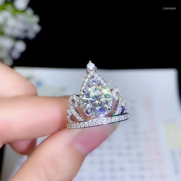 Cluster-Ringe, modischer Kronen-Stil, blinkender Moissanit-Edelstein-Ring für Frauen, Schmuck, echter 925er Silber, runder Edelstein, glänzend, besser als Diamant