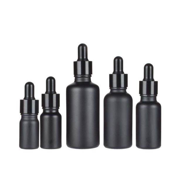 Garrafas de óleo essencial de vidro preto fosco Frasco conta-gotas com tampa de alumínio anodizado brilhante 5ml 10ml 15ml 30ml 50ml 100ml Udnsw