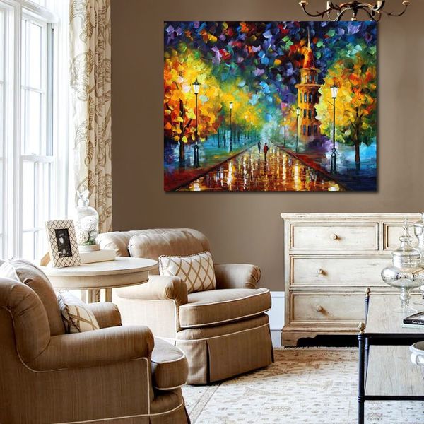 Urban Streets Canvas Art Gold Winter Handcrafted Abstract Painting Modern Decor for Office