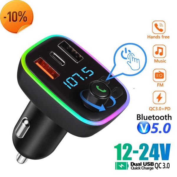 Novo carro Bluetooth 5.0 Carregador FM Transmissor PD 18W Tipo-C Duplo USB 4.2A Luz Ambiente Colorida Isqueiro Leitor de Música MP3