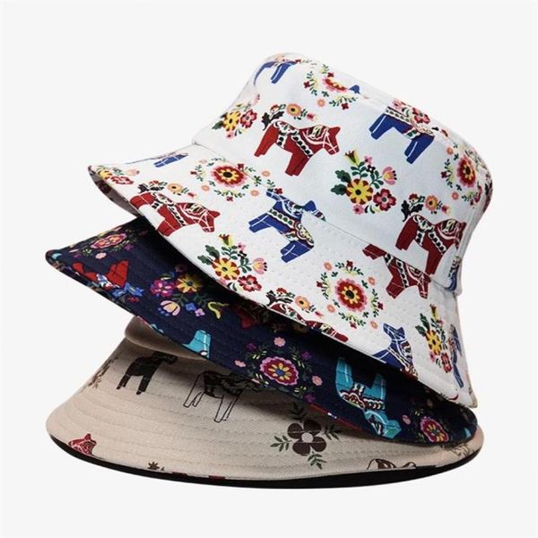 Berets Luxury Designer Brade Hat Hat Women Horse Corval Print Cotton Fisherman на открытом воздухе граффити Sun Cap Springberets6644223P