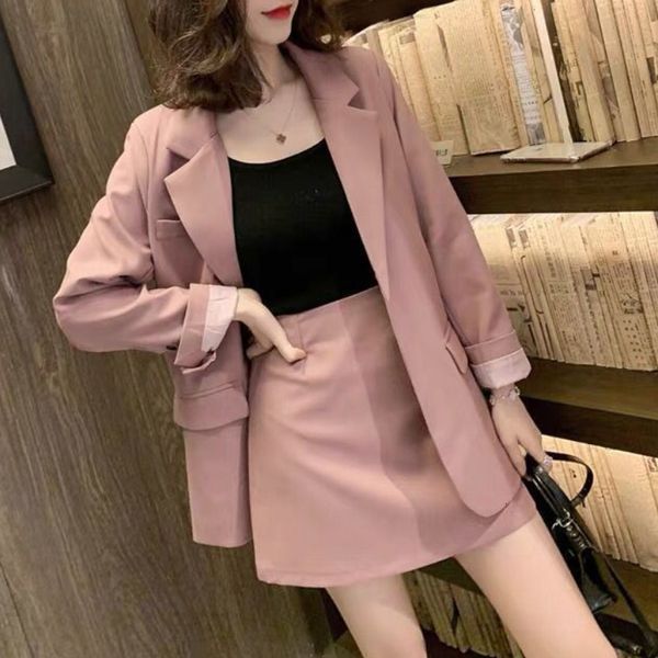 Abito a due pezzi a vita alta sottile elegante gonna abito stile coreano moda retrò giacca allentata 2 pezzi set solido femminile business casual 230615