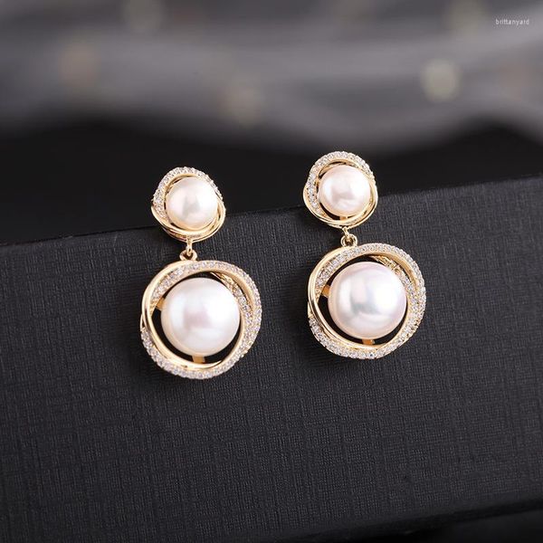 Серьги Fashion France Pearl Sergring Micro Pave Cubic Циркония круглый Dangler 2023