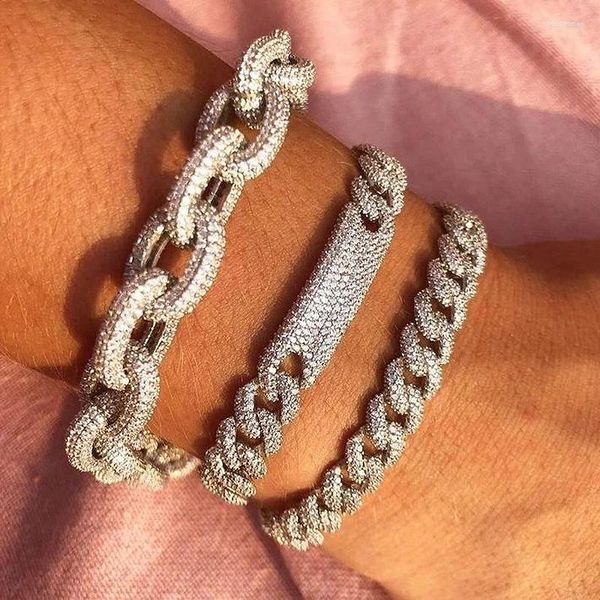 Braccialetto color argento Iced Out Bling Micro Pave Bracciale Bianco CZ Bar Charm Curb Miami Cubann Catena a maglia Hip Hop Gioielli da donna