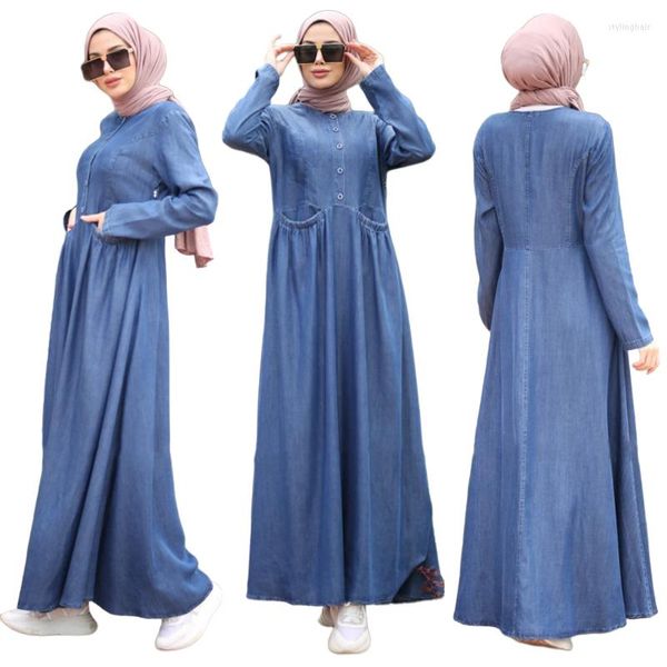 Roupas étnicas Casual Botão Manga Comprida Abaya Moda Muçulmana Feminina Denim Vestido Maxi Robe Solto Peru Femme Vestidos Simples Vestidos Kaftan