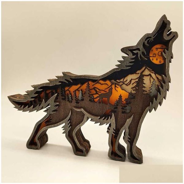Altro Home Decor Wild Wolf Craft 3D Laser Cut Wood Material Gift Art Crafts Forest Animal Decorazione della tavola Statue Ornamenti Room Dr Dhbzf