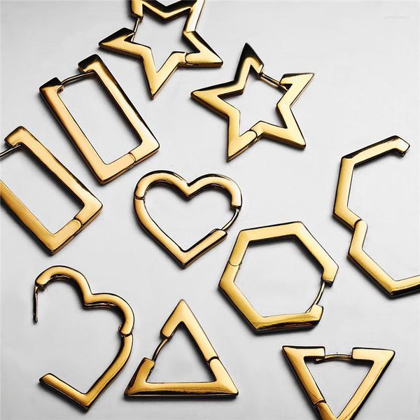 Brincos de argola Punk Gold Color Statement Triangle Star Heart Huggies Moda Latão Metal Geométrico Para Mulheres