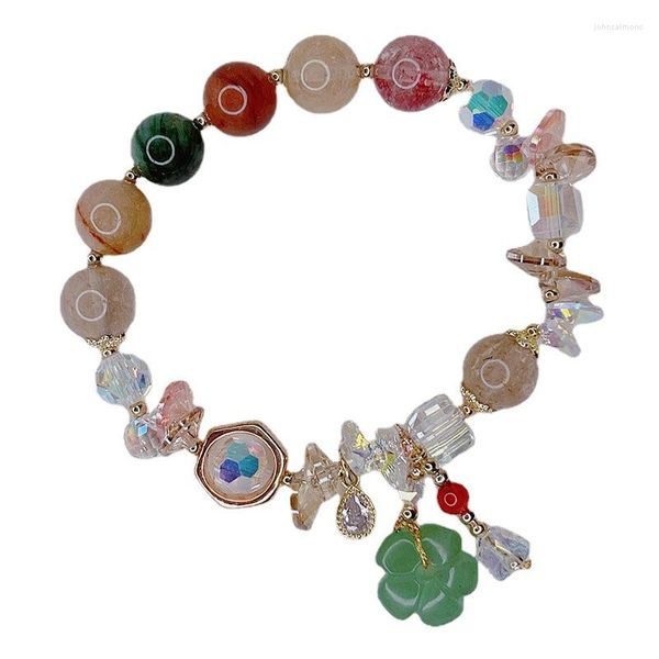 Braccialetti a maglie Ciondolo goccia d'acqua con fiore di giada verde naturale etnico Bracciale con perline di cristallo di quarzo rutilato multicolore Gioielli da donna