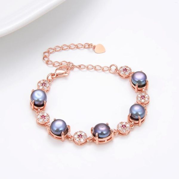 Link-Armbänder Hochwertiges ovales Armband mit natürlichen Perlen, rosafarbenes vergoldetes Metall, Luxus-Cz-Frau, verstellbare Kette, Barock-Schmuck, Geschenke