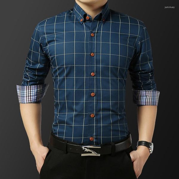 Herrenhemden Business Plaid Bedruckt Langarm 40 % Baumwolle Weicher Spitzenkragen Slim Fit Männer Formales Hemd Streetwear