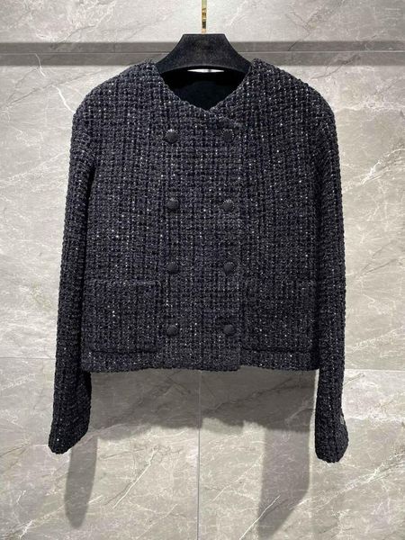 Damenjacken, schwarze Tweed-Jacke, klassischer runder Kragen, zweireihiges Design, dreidimensionale Schneiderei, Version 2023, Herbst 0809