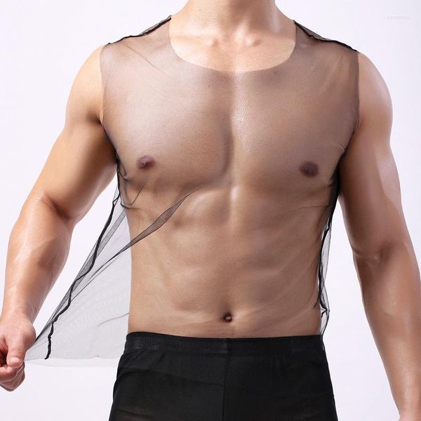 Regatas Masculinas Colete Masculino Líquido Totalmente Transparente Sexy Colete Respirável Sem Mangas Top T-shirt Roupa Interior