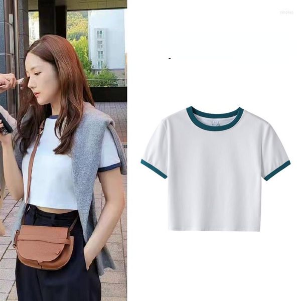 Camisetas femininas Kpop Korea Park Min Young Summer White Sleeve Short Slim Tops Streetwear Solid All-Match O-neck Tees Sexy Crop