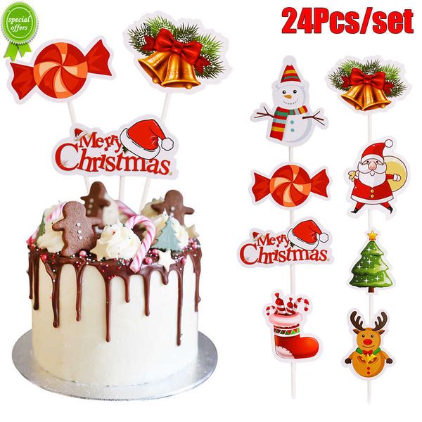 Novo 24 pçs feliz natal bolo toppers árvore de natal bolo cartão de inserção de papel para festa de natal assar decoração acessórios ferramentas