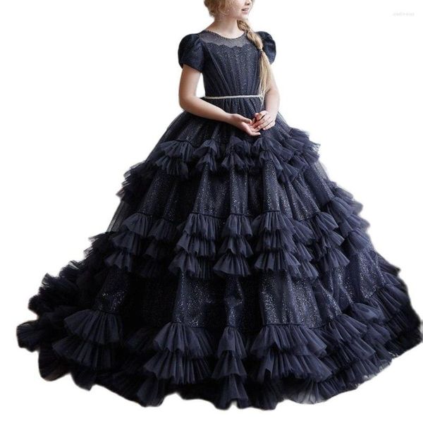 Vestidos para meninas Saia de primeira comunhão em camadas pretas Elegante em camadas Anjo Princesa Vestido de flores Festa de casamento Vestidos de baile para crianças Feitos à mão