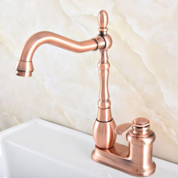 Rubinetti per lavabo da bagno Miscelatori per lavabo monocomando in rame rosso antico / Rubinetti per miscelatore per lavabo monocomando a 2 fori con beccuccio girevole montato sul ponte Nsf834