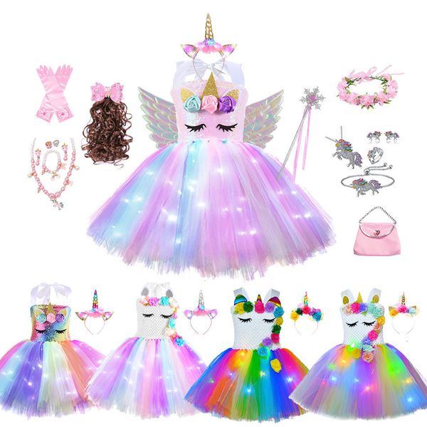 Девушка платья девочки блестящие платье Unicorn Tutu светящиеся детские платья для девочек Hallowmas Parply Dress Dress Flouge Clothing vestidos 230615
