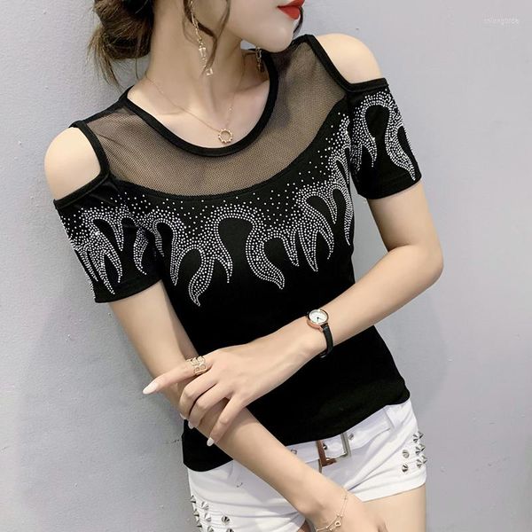 T-shirt da donna 2023 T-shirt estiva Chic Sexy Back Off spalla O-Collo Patchwork Maglia diamanti Top manica corta da donna T-shirt fatte a mano 32273