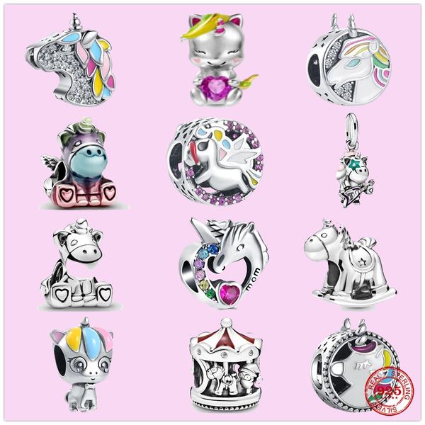 Encantos de prata esterlina 925 para fabricação de joias para contas de pandora pulseira Bruno The Unicorn Rocking Horse conjunto de encantos pingente