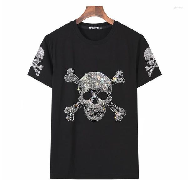 Erkek Tişörtler Erkekler Tişört Kafatasları Rhinestones Elmas Erkek Moda Kumaşı 2023 Yaz İnce Fit Sokak Giyim Mürettebatı Boyun Kısa Kollu Tshirt
