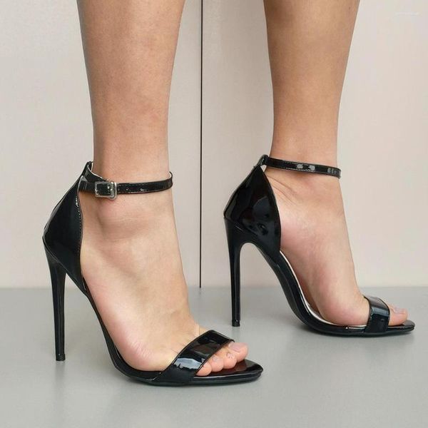 Sandali Scarpe con fibbia per donna Solid Peep Toe Pelle verniciata Tacchi alti Cinturino alla caviglia nero Chaussure Décolleté femminili Zapatos De Mujer