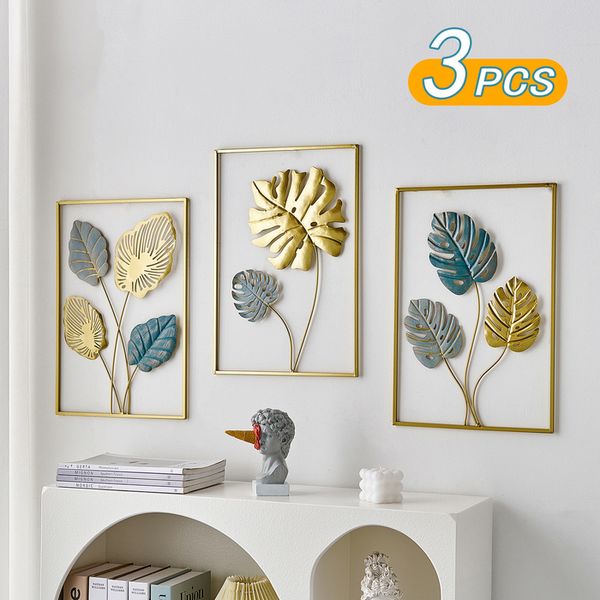 Objetos decorativos Estatuetas 3 peças Decoração de parede nórdica para casa Metal Folha de ginkgo Adesivos Macramê Acessórios para pendurar no quarto Ledge 230615