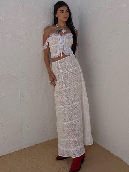 Abiti casual moda estate cotone lino bianco due pezzi set streetwear 2023 abito lungo da donna elegante in pizzo patchwork slim scava fuori