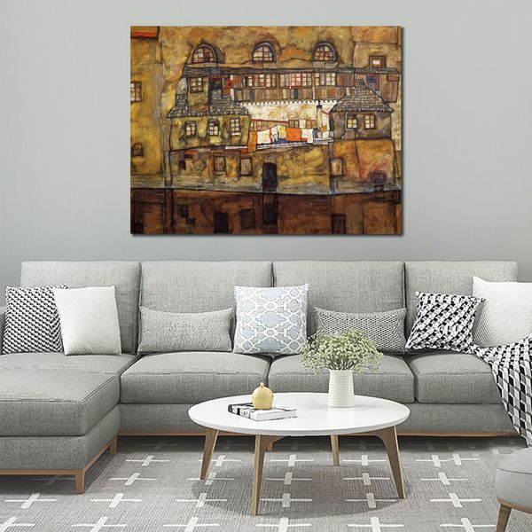 Zeitgenössische abstrakte Kunst auf Leinwand, Landschaftshaus am Fluss (altes Haus I), Egon Schiele-Gemälde, handgemalt
