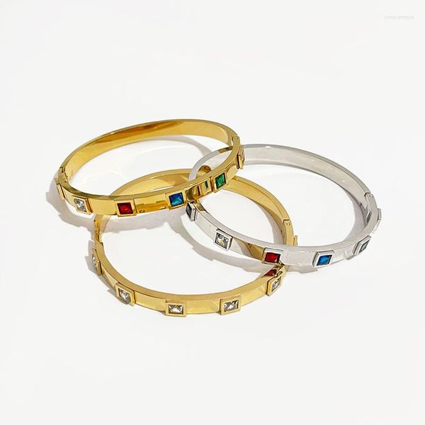 Pulseira de aço inoxidável banhado a ouro 14K branco colorido de zircônia cúbica pulseiras quadradas para mulheres joias elegantes para o dia a dia