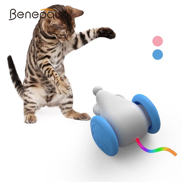 Benepaw Brinquedos Inteligentes para Gatos Interativo Elétrico Squeaking Som LED Piscando Cauda Pet Gatinho Rato Exercício USB Recarregável