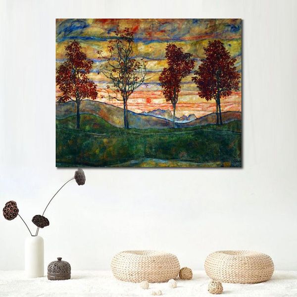 Pittura astratta colorata su tela Quattro alberi Egon Schiele Art Unica opera d'arte artigianale Home Decor