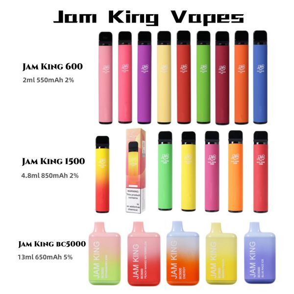 Jam King Vapes Sabor de cigarro eletrônico descartável original 600 baforadas 2ml 550mAh 2% 1500puffs 4,8ml 850mAh 20mg Puff 5000 bc5000 13ml 650mAh 5% vs Jamking Vape Pen