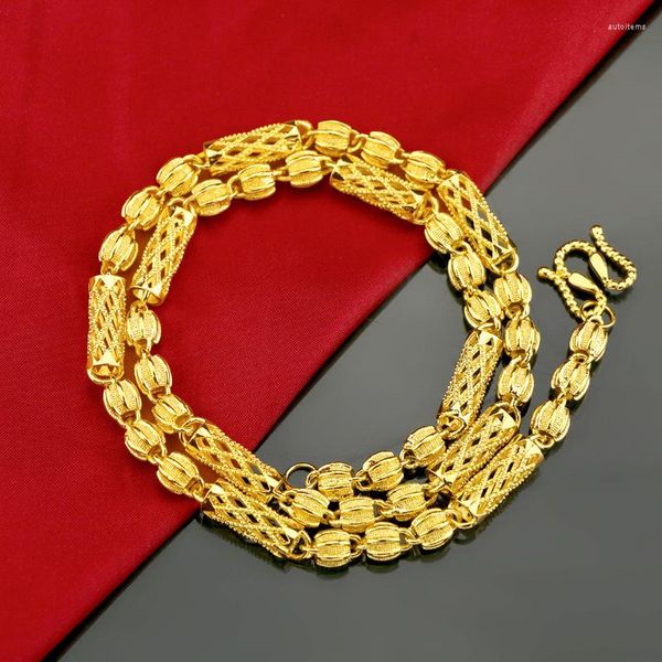 Цепочки Hoyon Подлинное 24K желтого золотого ожерелье для мужчин 8 мм 60 см. Полые цилиндры тыквенные бусинки Свадебные украшения