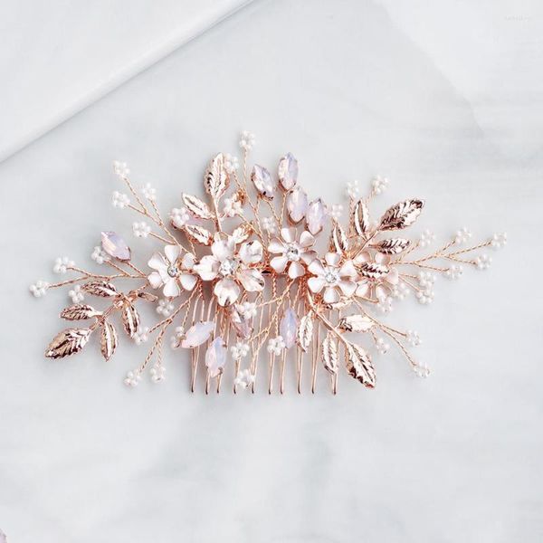 Grampos de cabelo rosa ouro cor flor strass pentes acessórios de casamento decoração de cabeça ornamento jóias de cristal rosa