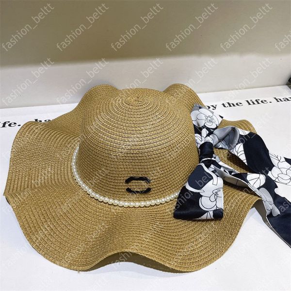 Chapéu de palha de onda da moda feminino Chapéu de balde masculino Designer Casquette Chapéus de aba larga Chapéus de sol de verão para mulheres Boné de praia com lenço de seda removível