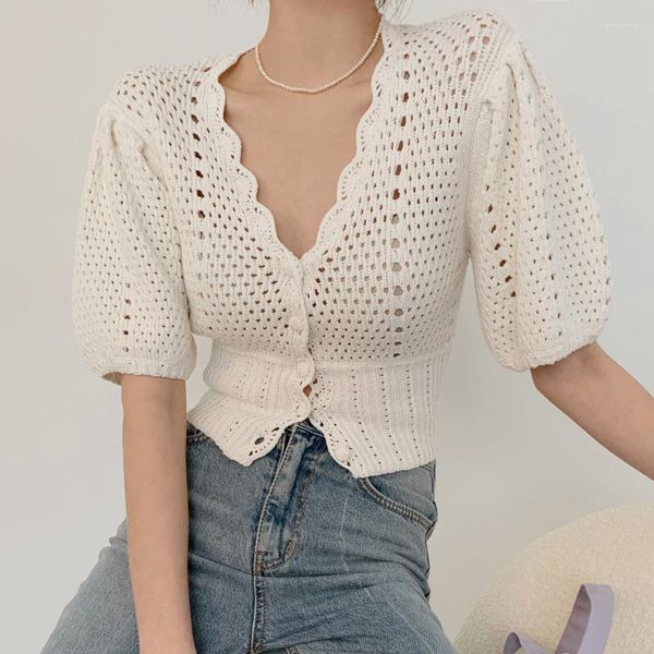 Camisetas femininas francesas elegantes cropped malha top crochê decote em V puff manga curta suéter verão sexy cardigã vazado camiseta doce
