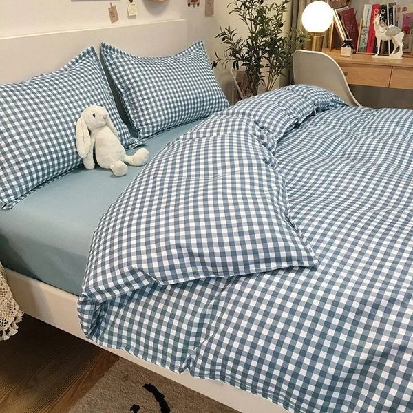 Наборы для постельных принадлежностей синий клетка для модного мягкого кровать льняная полная полная королева мальчики для девочек.