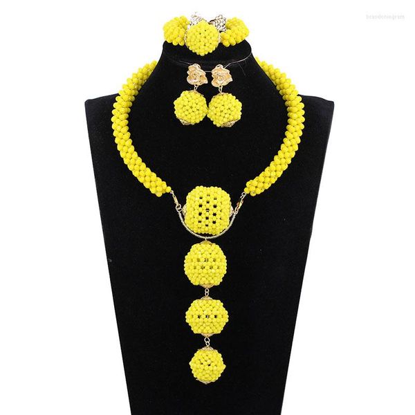 Colar de brincos conjunto de miçangas africanas da moda amarelo nigeriano pingente de cristal nupcial ABH682