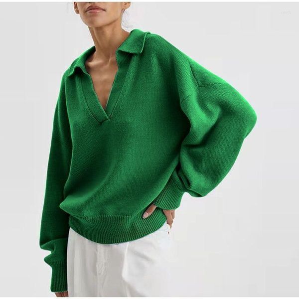 Kadın Sweaters Örme Polo yaka kazak yeşil kazak rahat gevşek uzun kollu sweatshirt yaka v boyun bayanlar katı bahar kıyafetleri