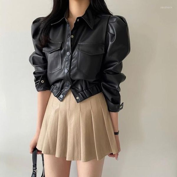 Jaquetas femininas moda coreana jaqueta de couro falso senhoras outono inverno 2023 manga longa gola virada para baixo streetwear pu casaco casaco feminino