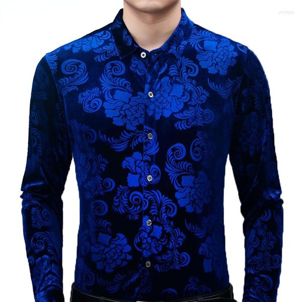 Hommes chemises décontractées bleu Royal velours velours Chemise hommes 2023 printemps coupe ajustée à manches longues hommes robe florale chemise boutonnée