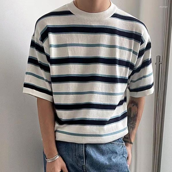 Erkekler Tişörtleri Trend Sıradan O-Beeck Örgü Tişörtleri İlkbahar Yaz Örgü Tshirt Erkekler Moda Renk Stripe İnce Tees Üstler Buz İpek Giysileri