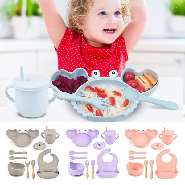 Geschirr-Sets, 9 Stück, für Babys, weiches Silikon, Saugnapf, Teller, Tasse, Lätzchen, Löffel, Gabel, rutschfeste Krabbe, niedliches Geschirr für Kinder, BPA-frei